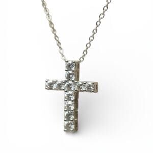New. Boutique Crystal Silver Tone Cross Pendant Necklace